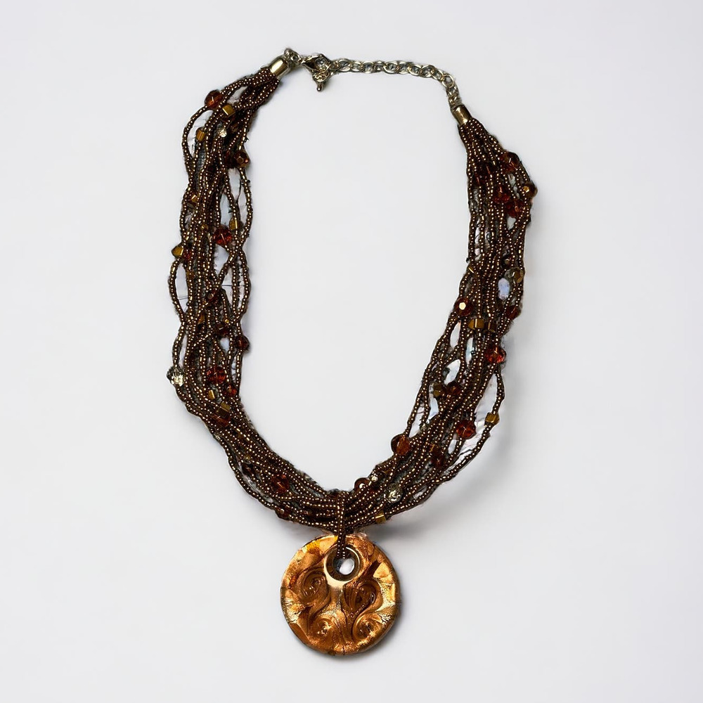 Vintage Murano Glass Pendant Beaded Necklace Beads Bronze Copper Glass 1990s 18"